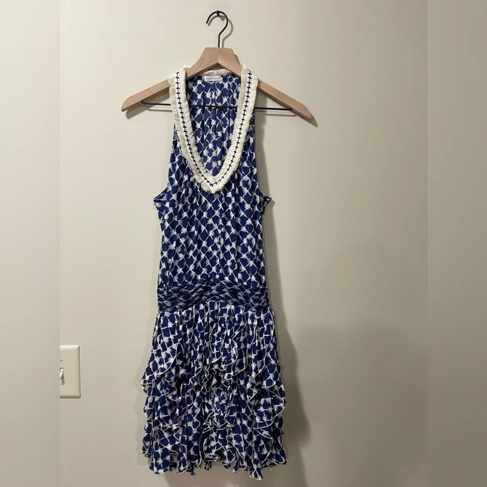 Poupette St Barth Blue & Cream Fringe Ruffle Fit & Flare Dress Size Small - Picture 3 of 10